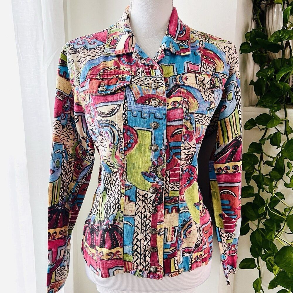 Chico's Colorful Abstract Faces Wearable Art Denim Jacket - Size 1 (Medium Sz 8)